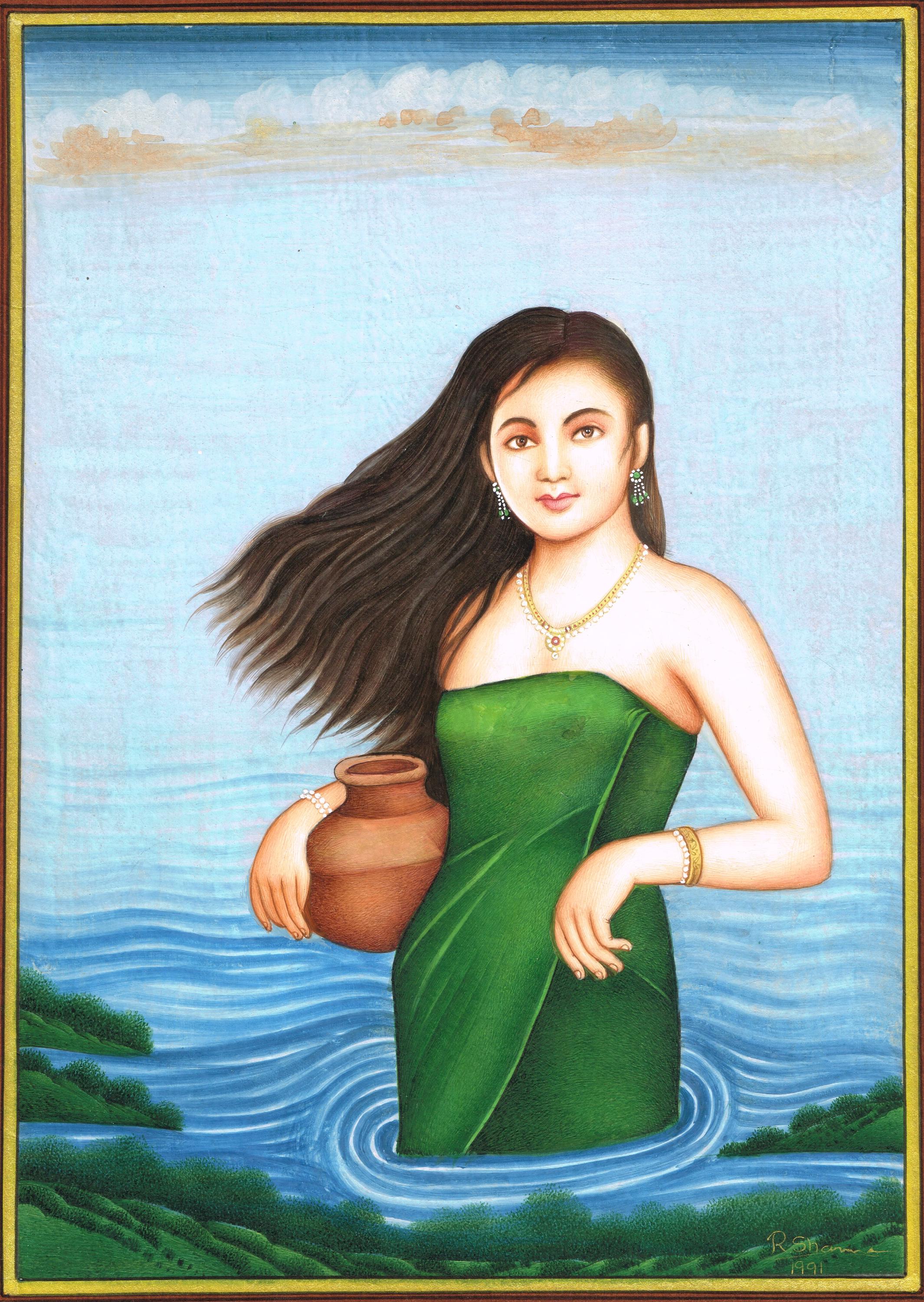 Indian Miniature Painting: Woman in Lake, Gouache Art (10.5x13.5