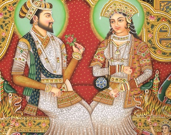 Mughal Emperor Shah Jahan & Mumtaz Mahal Miniature Portrait Painting (15x20 Inches)