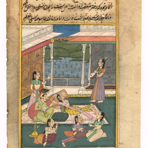 Indian Miniature Painting Of Mughal Emperor Enjoying Drink With Women&#39;s Fine Art On Paper 5.75x9 Inches | Indian Vintage Mughal Art Painting