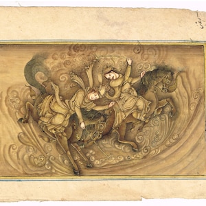 Handmade Persian Miniature Painting: Man and Woman on Horse, Gold & Gouache (9x6.5 Inch)