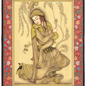 May include: A painting of a person in a yellow and brown robe holding a flower. The person is kneeling and has a feathered headdress. The background is a light yellow with a floral border.
