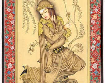 Handmade Persian Miniature Painting: Woman with Wine Pot, Gold Ink Art (10x13 Inches)