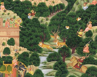 Vintage Indian Miniature Painting: Hunting Scene Art on Silk (13.5