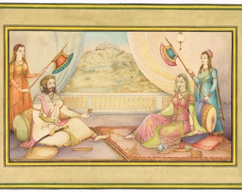 Rajput-miniatuurschilderij koning en koningin: handgemaakte gouache-Indiase kunst (15 x 10 inch)