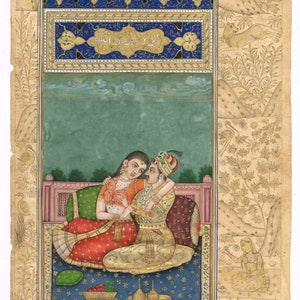 Vintage Art - Indian Miniature Painting Of Mughal Emperor Akbar And Empress Jodha Bai Love Scene Art On Paper 6x10 inches | Indian Paintings