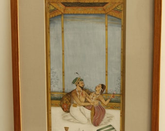 Indian Vintage Miniature Painting Of Mughal Emperor And Empress in Love Scene Art On Paper With Frame | Emperor And Empress Art Paintings