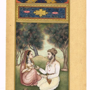 Hand Miniature Old Painting Of Mughal Emperor & Empress At Garden in Love Scene Art On Paper | Indian Vintage Mughal Art Paintings For Wall
