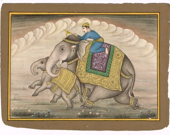 インド　細密画　絵画　ヴィンテージ　アンティーク 象　ムガル　ミニチュア　手描き インド 細密画 絵画 ヴィンテージ アンティーク 象 ムガル ミニチュア