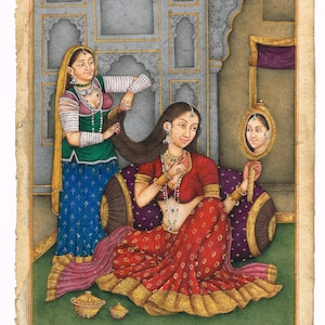 ヴィンテージのムガル帝国女王のミニチュア絵画：インド美術の壁装飾