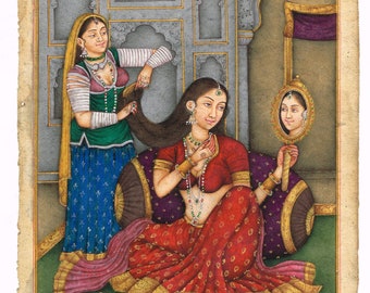 Indische Miniaturmalerei der Mughal-Königin, die ihr Haar mit seinem Assistenten bürstet | Vintage indische Make-Up Kunst Gemälde für Wanddekorgeschenk