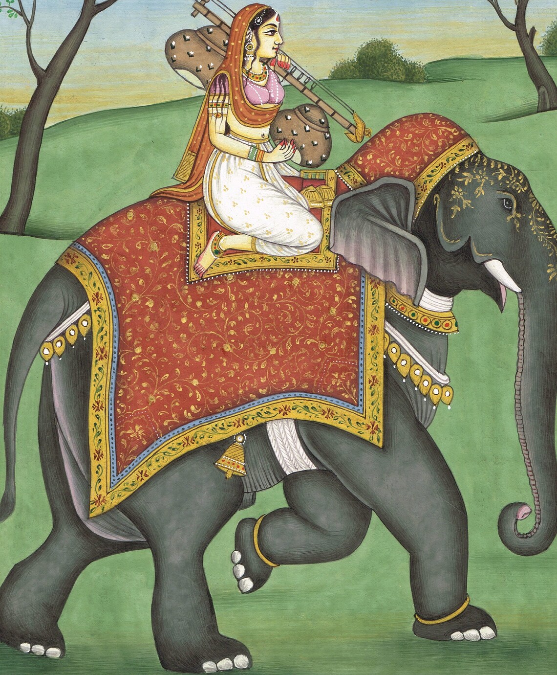 Peinture Miniature Indienne Maharaja Après La Chasse - 20,3x33 Cm - Original Années 60