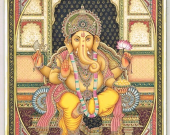 Pintura hindú de Ganesha hecha a mano con esmeralda y rubí, 23 x 29 cm