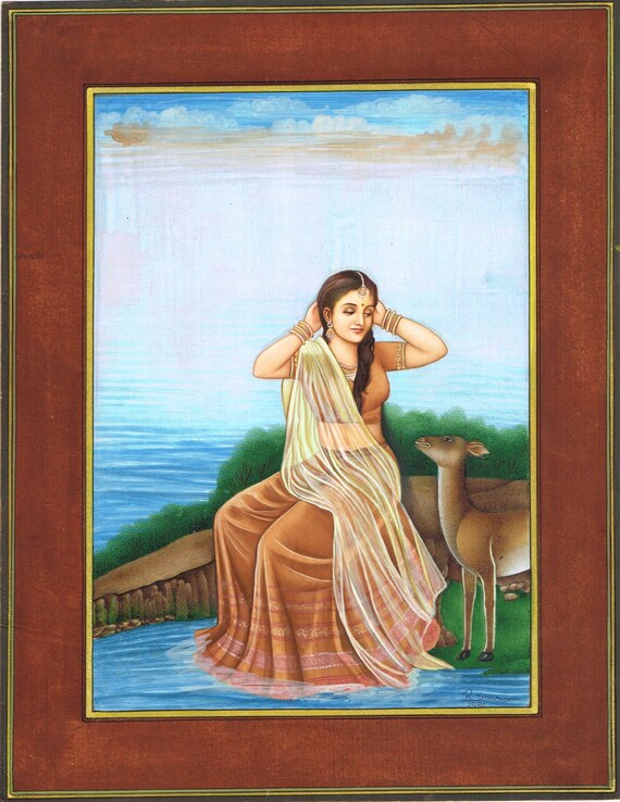 【インドアンティーク絵画】3枚セット／送料込★ インドの細密画：鹿と女性、自然アート（10.5x13.5インチ） - Etsy 日本