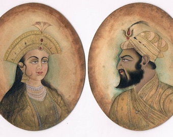 Mughal Emperor & Empress Miniature Portrait Painting: Indian Vintage Art (5x6 Inches)