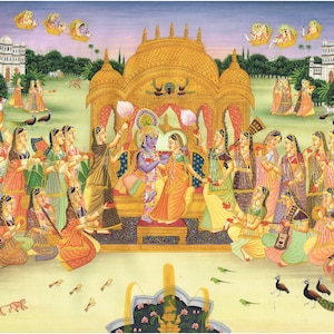 Radha Krishna Miniatur Bild: Liebesszene Kunst auf Seide (44x33 cm)