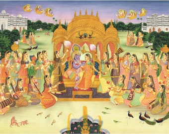 Radha Krishna Miniature Painting: Love Scene Art on Silk (17.5x13.5 Inch)