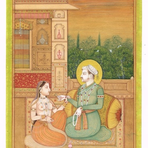 Imperatore Mughal Jahangir con la regina in scena d'amore su carta 5,25x7,25 pollici / Dipinto in miniatura indiano fatto a mano per la decorazione murale da regalare