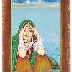 Handmade Rajasthani Art: Indian Woman Painting on Paper (7x10 Inches)