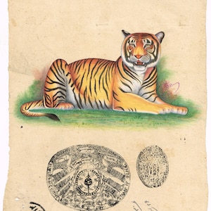 Animal Art Painting Of Tiger Wildlife Nature Art On Old Stamp Paper 9x11 Inches | Handmade Vintage Animal Art Painting For Wall Hanging