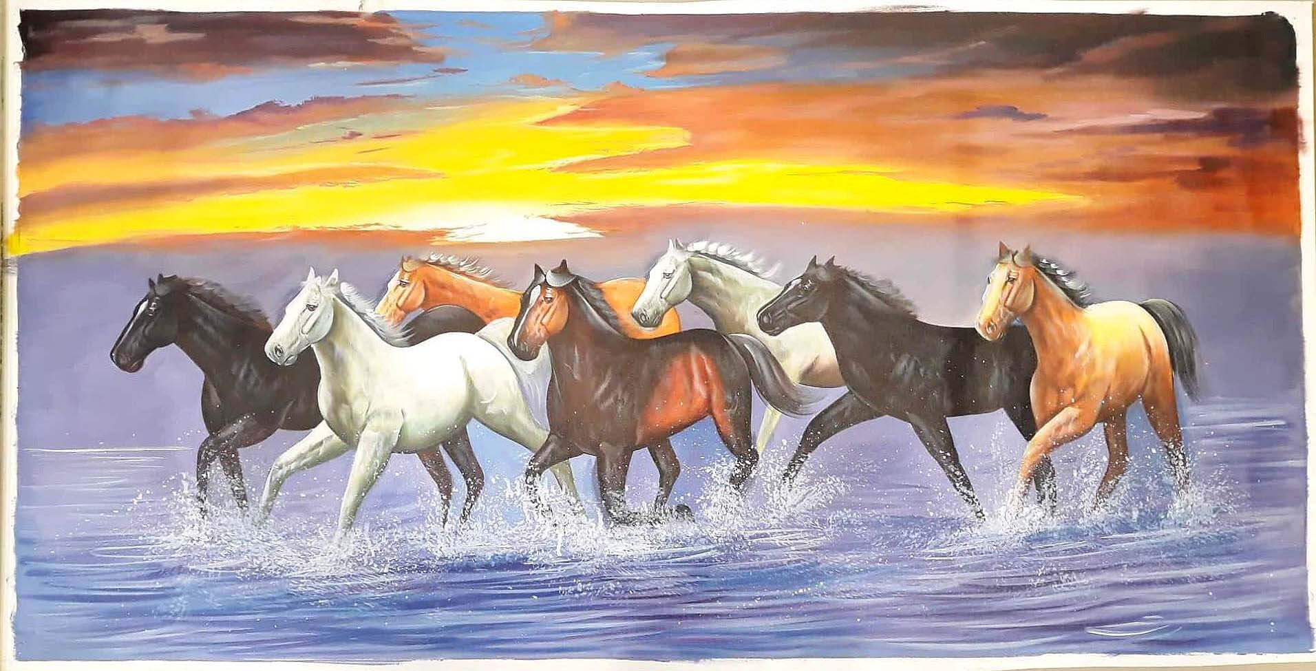 Hand Painted Seven Horse Running Oil Painting on Canvas for Wall Decor 50x25 Inches Running Horse Paintings for Wall Vastu Art Paintings Etsy UK