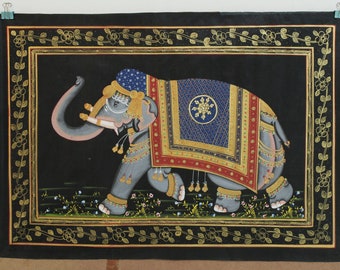Handmade Elephant Painting on Silk: Floral Border Wildlife Art (28x20 Inches)