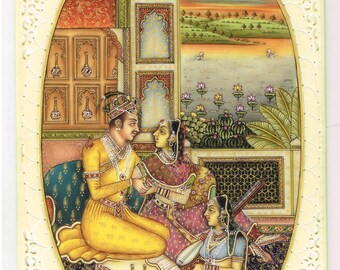 Handmade Indian King & Queen Gouache Painting: Love Scene Art (4x6