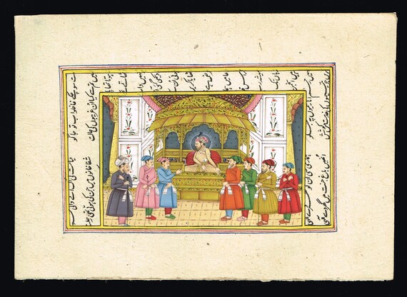 インド宮廷絵画 INDIAN COURT MINIATURE PAINTING Mughal Indian Gouache Miniature Painting Court Woman Indo
