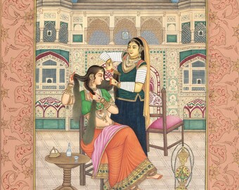 アンティークIndian miniatureインド ミニチュア絵画 女性 ラージプート王妃のミニチュア絵画：インド王室の化粧芸術（10.5x13