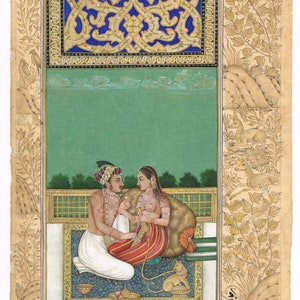 Antique Art - Mughal Miniature Painting Of King And Queen Love Scene Art With Lion Hookah 6x10 inches | Indian Vintage Art Painting For Wall