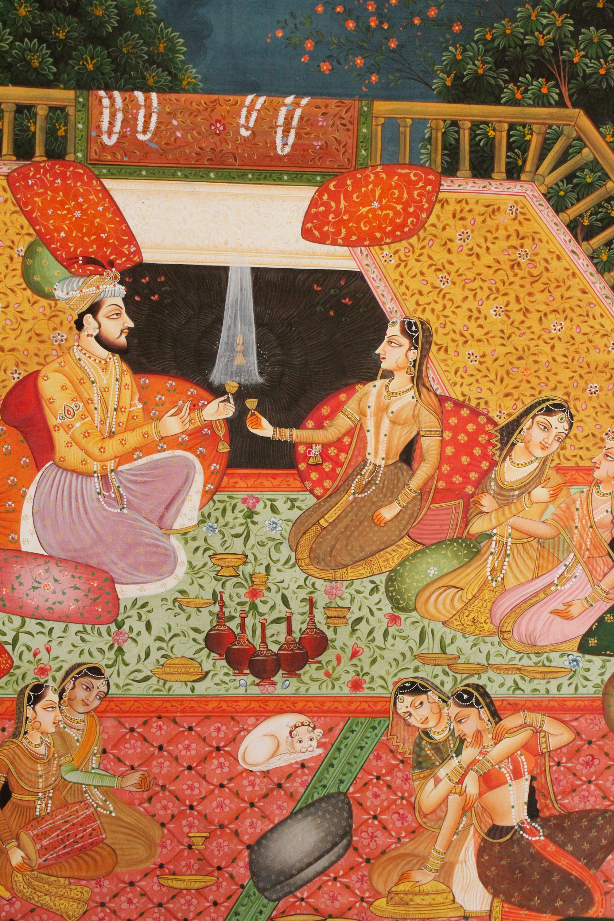 インドの細密画：王と王妃の愛の情景、メーワール・ハーレム・アート