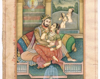 Mughal Emperor Akbar & Jodha Bai Painting: Handmade Indian Gouache Art (6x8 Inches)