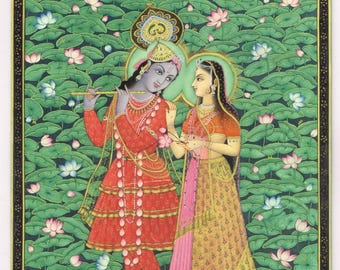 Handmade Radha Krishna Painting on Plate: Hindu God Art (4.75x6 Inches)