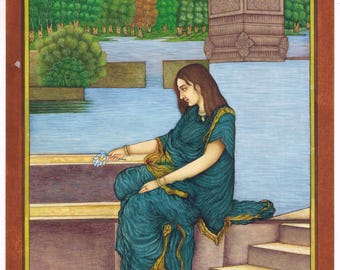 Virahini Nayika Gouache målning | Kärlekssjuk hjältinna miniatyrkonst