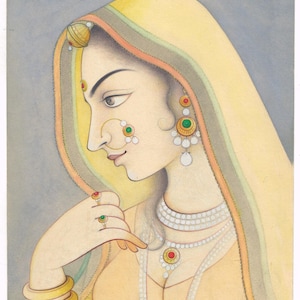Miniature Rajput Queen Portrait: Indian Painting on Paper (8x12 Inches)