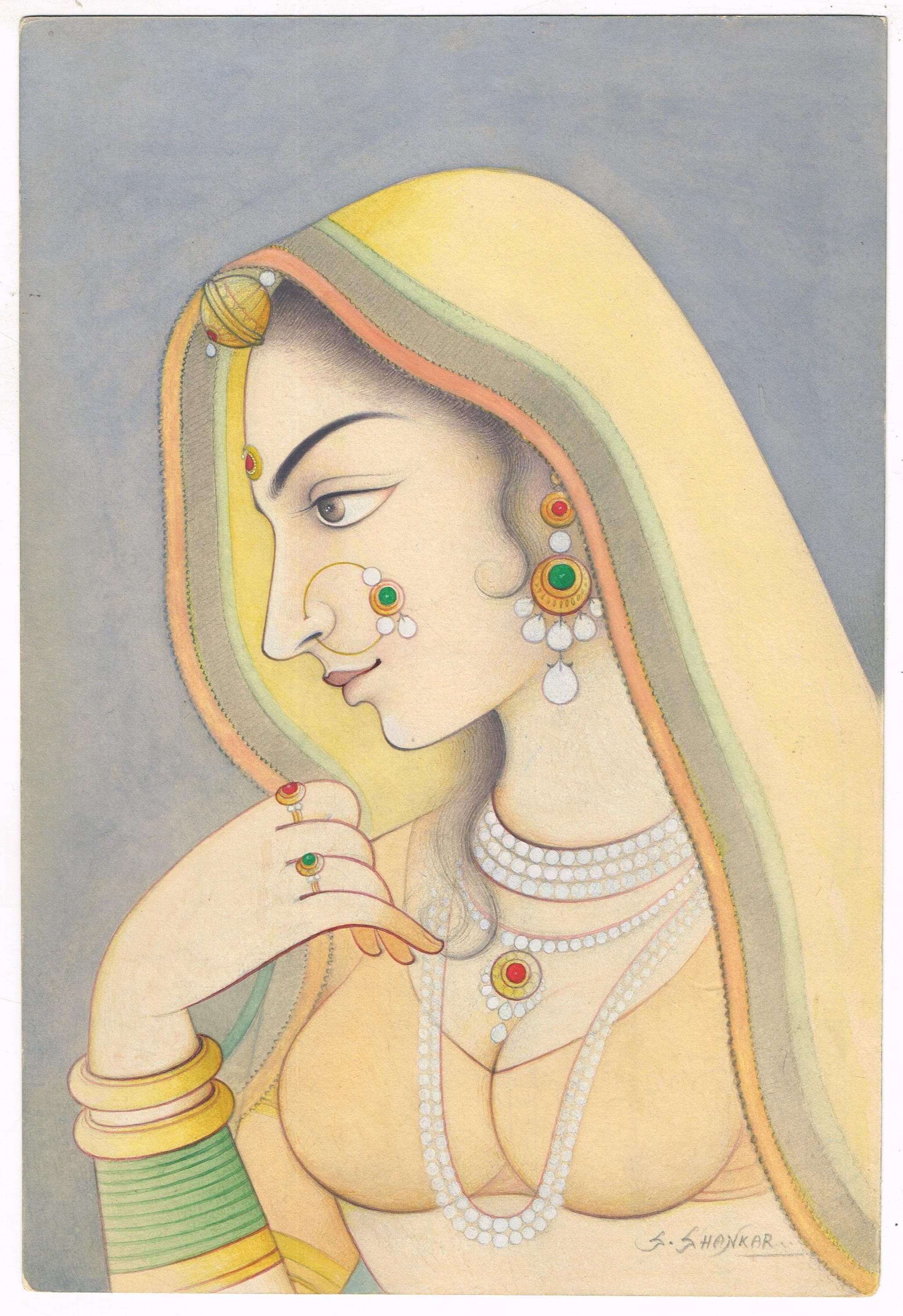 Miniature Rajput Queen Portrait: Indian Painting on Paper (8x12 Inches)