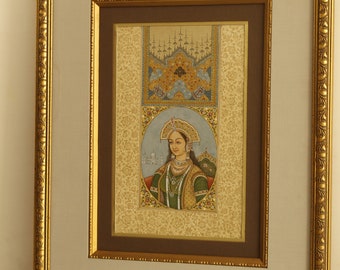 ヴィンテージのムガル帝国女王のミニチュア絵画：インド美術の壁装飾