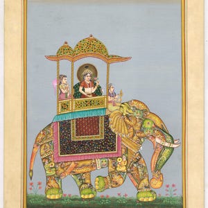 Handgemachte Mughal Miniaturmalerei: Indische Königin auf Komposit Elefant