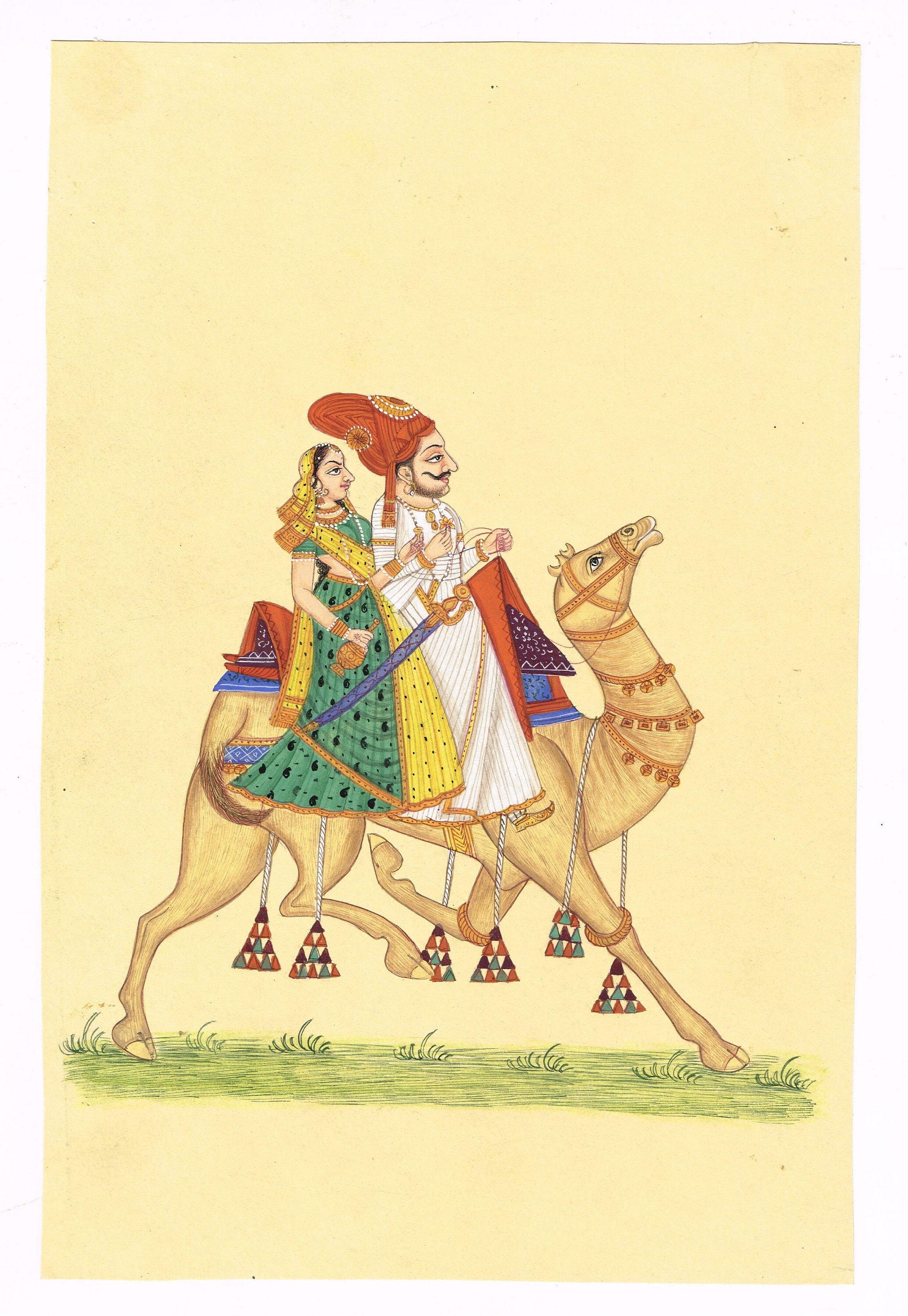 Indian miniatureアンティーク騎馬の王ムガル派 Handmade Rajasthani King & Queen Camel Painting: Mughal Miniature
