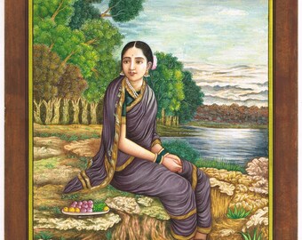 Indian Woman Miniature Painting: Fine Art on Paper (10.5x13.5 Inches)