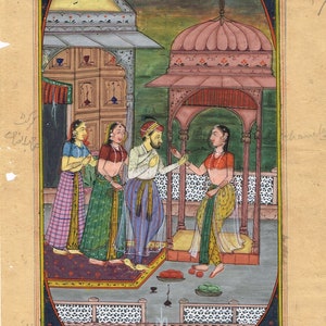 Handmade Indian Miniature Painting Of Mughal King And Queen Fine Art On Paper 5.75x9 Inches | Home Decor Indian Vintage Art For Wall Decor
