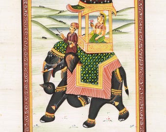 手作りのラージプート絵画：象に乗るマハラニ、インドのミニチュア