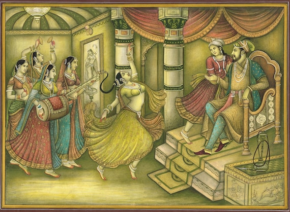 アンティーク◆ムガル帝国の細密画＊印Miniature Old Painting ムガル帝国の細密画：シャー・ジャハーンとムムターズ・マハル、インド