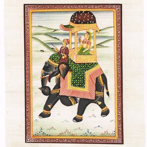 Handgemachte Rajput Malerei: Maharani Elefant reitend, indische Miniatur Kunst (18x23 cm)