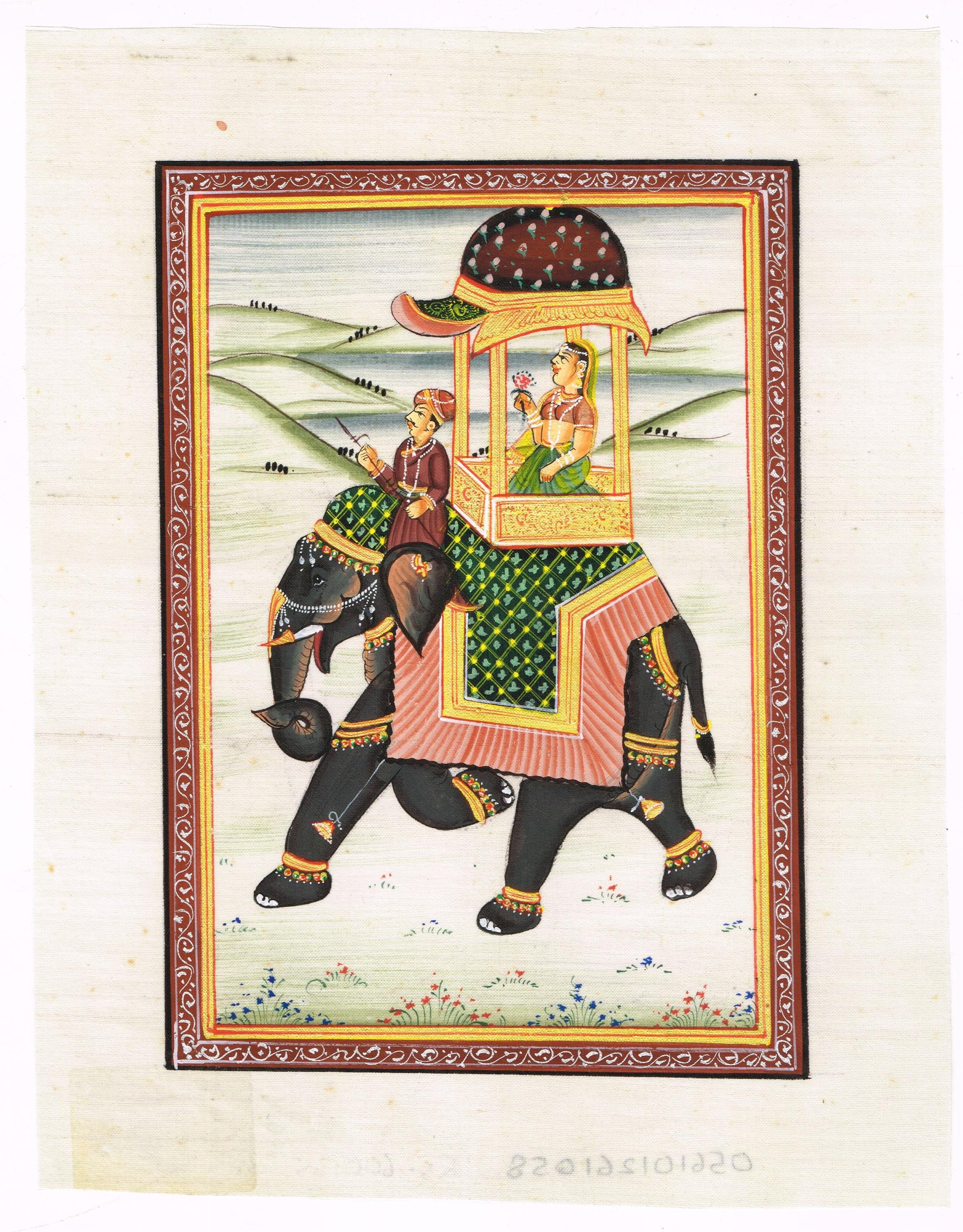 手作りのラージプート絵画：象に乗るマハラニ、インドのミニチュア