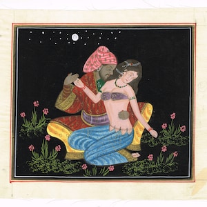 Rajasthani Miniature Painting Couple Enjoying Romance Love Scene Fine Work On Silk Cloth | Indian Lover Painting | Couple Painting
