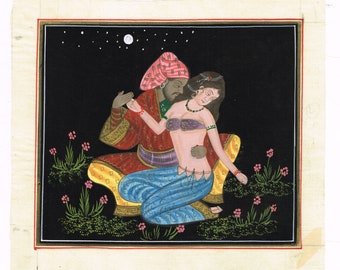 Rajasthani-miniatuurschilderij: romantisch stel op zijden doek