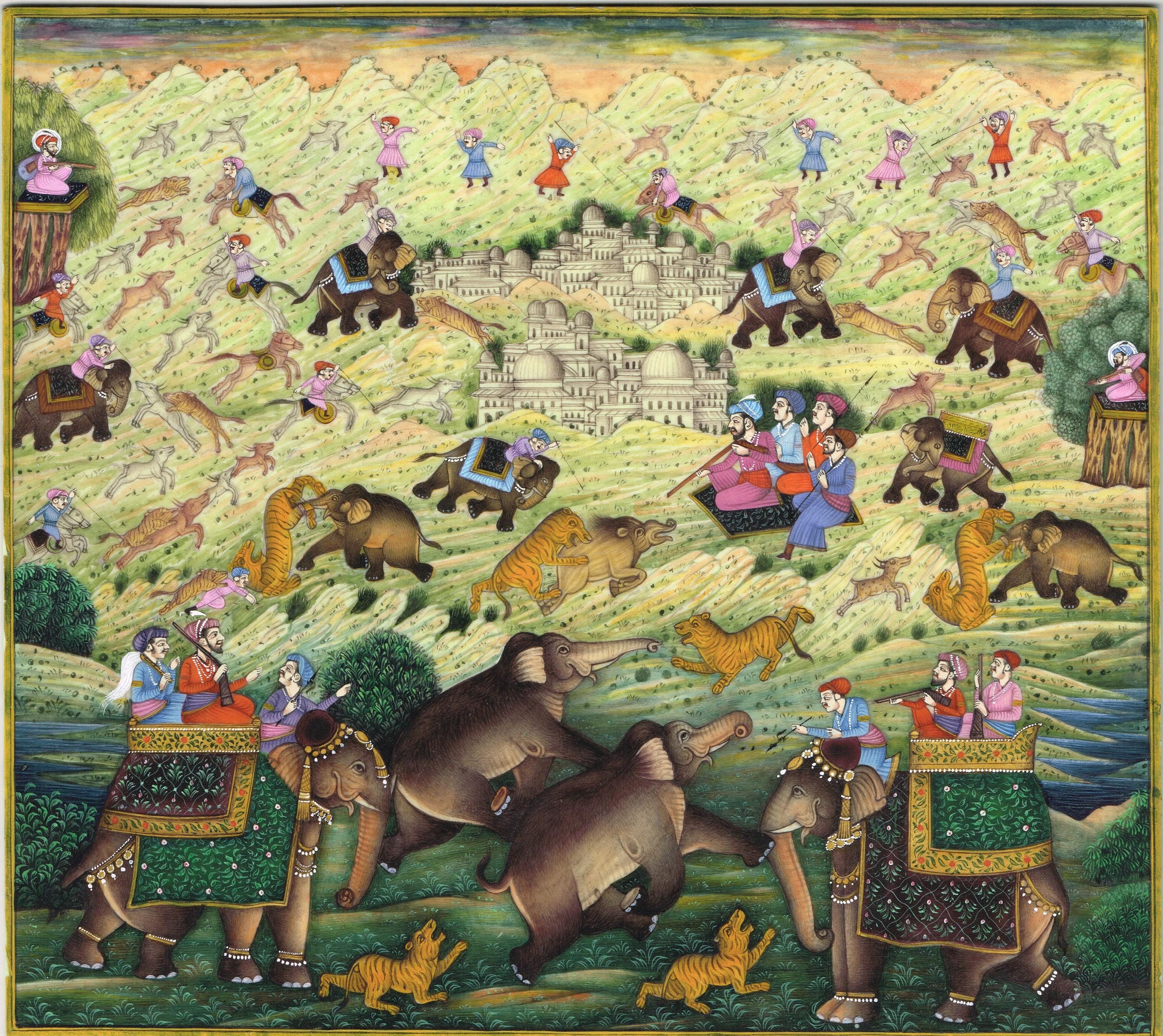 伝統的なインドの動物絵画 ムガル帝国の狩猟風景ミニチュア絵画：インド王、野生動物（9x8インチ