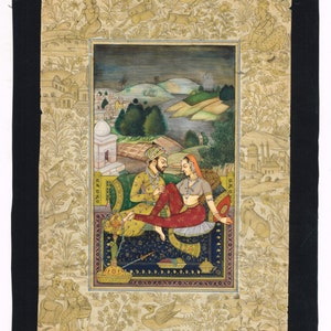 Mughal Miniature Painting Of Emperor Shahjahan & Empress Mumtaz Mahal in Love Scene Art | Indian Old Mogul Vintage Painting For Wall Hanging