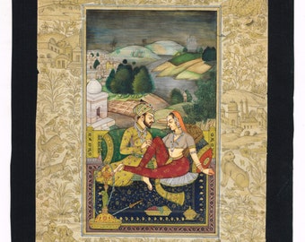 Mughal Miniature Painting: Shahjahan and Mumtaz Mahal Love Scene, Vintage Indian Art