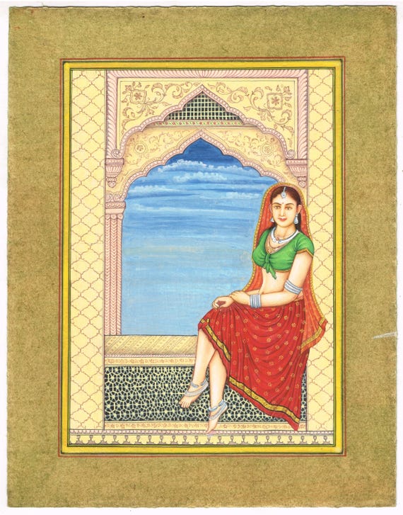 Handmade Indian Miniature Painting: Woman at Window With Gold Ink